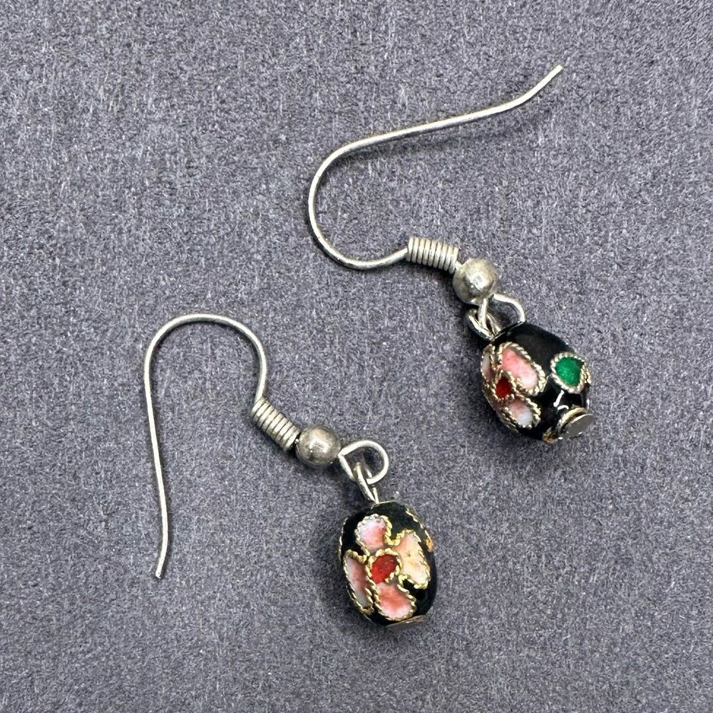 Vintage Cloisonné Enamel Bead Earrings Black Floral Drop Dangles Hand-Painted - Picture 2 of 11